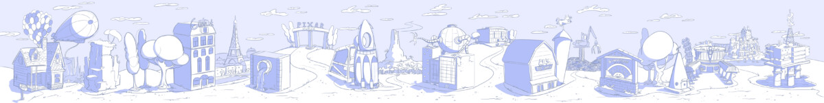 An early depiction of Pixar Park and the five properties included at launch.